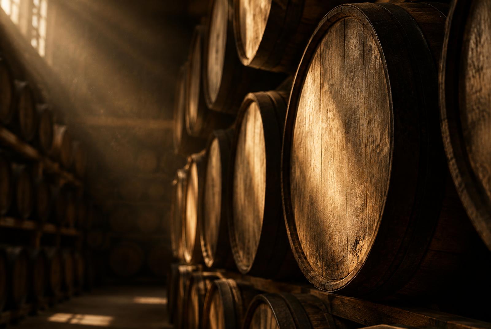 Oak casks resting in amber light